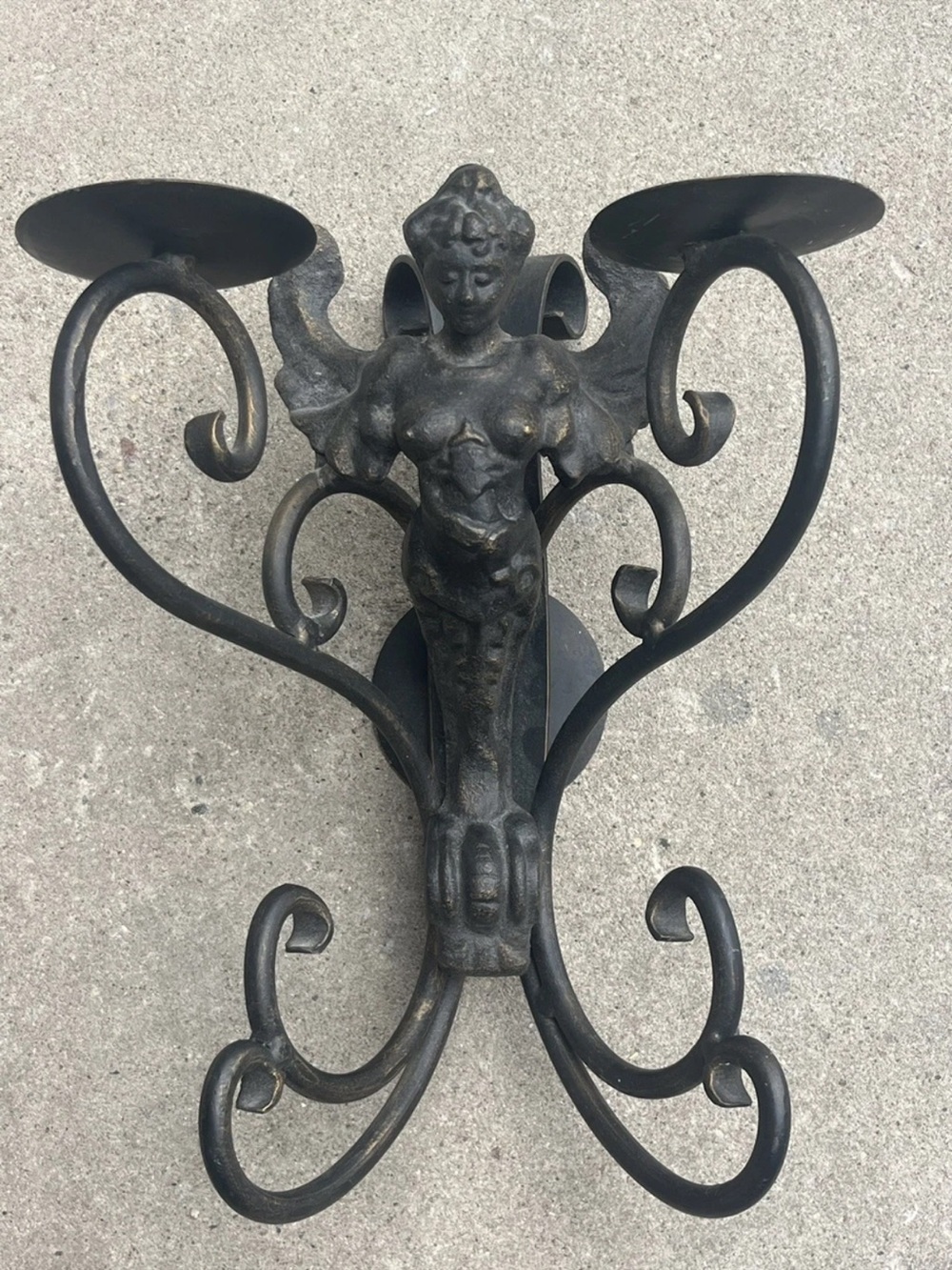 Vintage Gothic Iron Cherub Wall Sconce Pillar Candle Holder Heavy Ornate Decor